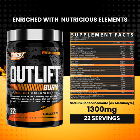Nutrex Outlift Burn Pre-Workout Supplement For Energy Focus & Endurance Metabolyte L-Citrulline Beta-Alanine & Caffeine Thermogenic Formula For Performance (22 Servings Florida Crush)