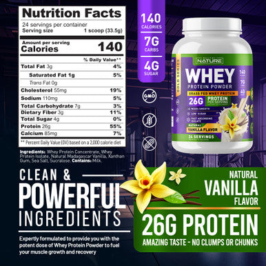 Built Nature Whey Protein Powder - 100% Pure Whey Shake With Whey Isolate, 26G Protein, No Bloating, Mixes Smooth, No Clumps Or Chunks - High Protein, Low Sugar Drink - Natural Vanilla Flavor - 24 Servings