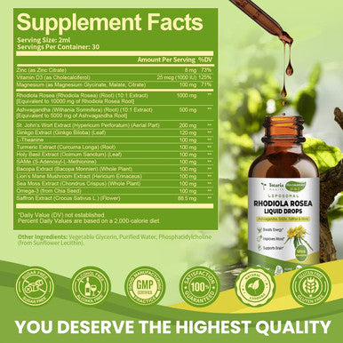 Totaria 16-In-1 Liposomal Rhodiola Rosea Tincture, Ultra Strength Rhodiola Supplement W/Ashwagandha, Saffron, Magnesium, Sam-E, Rhodiola Rosea Extract Liquid Drops For Natural Relaxation, Mood, Energy