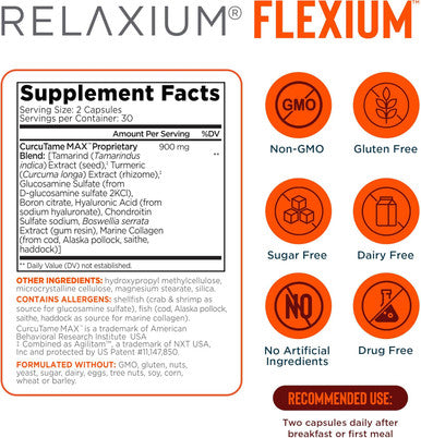 Relaxium Relaxium Flexium Fast Acting Joint Support Drug- with CurcuTame Blend Supports Joint Flexibility and Function 60 Capsules