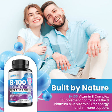 Built Nature Vitamin B Complex - All B Vitamins B1, B2, B3, B5, B6, B7, B9, B12, Folic Acid, Vitamin C - Super B-100 Supplement - Immune, Energy & Metabolism Support, Vegan, Non-Gmo, Gluten Free, 60 Capsules