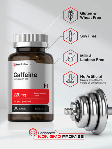 Caffeine Pills 200mg | with Green Tea | 300 Tablets | Vegetarian, Non-GMO & Gluten Free | by Horbaach