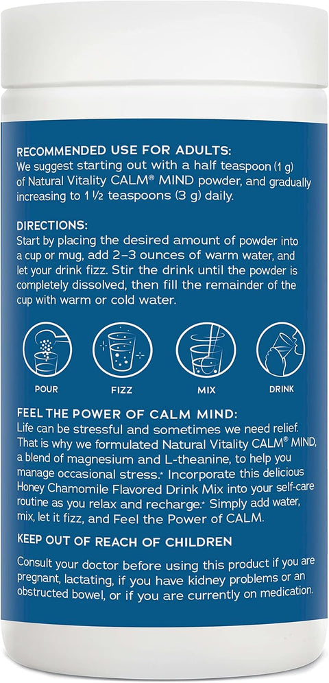 Natural Vitality Calm Mind Magnesium Citrate + LTheanine Powder Supports a Healthy Response to Stress Gluten and Vegetarian Honey Chamomile 12 oz.