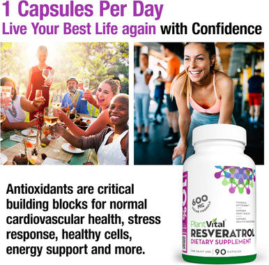Plantvital Resveratrol 600Mg - Trans Resveratrol Supplement - Supports Immune System And Digestive Health - 90 Trans-Resveratrol Capsules (1 Bottle)