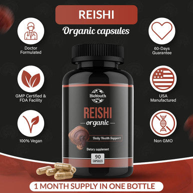 Bioyouth Organic Reishi Mushroom Capsules Supplement | Non-GMO & Allergen- | 90 Capsules (1-Month Supply)