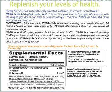 ENADA 5X NADH Supplement with boost of Chlorophyll Coenzyme Antioxidant form of Vitamin B3 Immunity Support DNA Restore Bodys Cellular Energy 30 Tablets