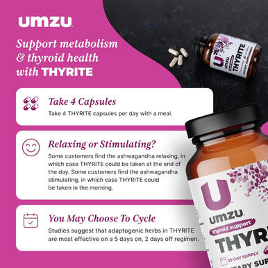 Umzu Thyrite Thyroid Support Supplement Magnesium, Zinc, Copper, Iodine & Selenium Healthy Metabolism, Sustained Energy & Weight Management Thyroid Complex Aid (30 Day Supply 120 Capsules)