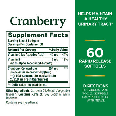 Nature's Bounty Cranberry Dietary Supplement Supports Urinary Tract And Immune Health Softgels 25 200 Mg 60 Ct