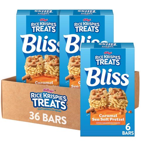 Rice Krispies Treats Bliss Crispy Marshmallow Squares Snack Bars Caramel Sea Salt Pretzel (6 Boxes 36 Bars)