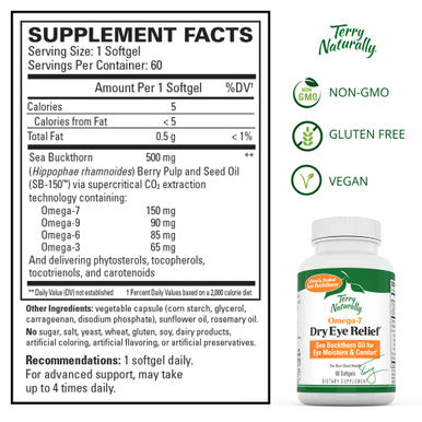 Terry ly Omega-7 Dry Eye Relief - 60 Softgels - Pack of 2 - 500 mg Sea Buckthorn - Eye Moisture Support Supplement - Omega-3, -6, and -9 - Non-GMO, , Vegan - 120 Total Servings