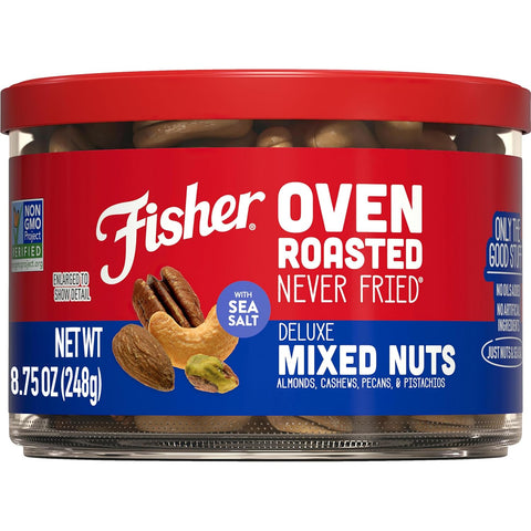 Fisher Oven Roasted Never Fried Deluxe Mixed Nuts, 24 Ounces | Pack Of 1, Almonds, Cashews, Pecans, Pistachios, Healthy Snacks For Adults, Made With Sea Salt, No Added Oil, Gluten Free