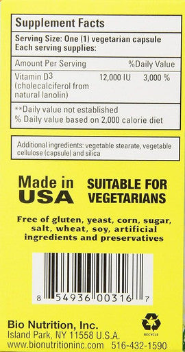 Vitamin D-3 12000IU 50 VEG CAPS By Bio Nutrition Inc