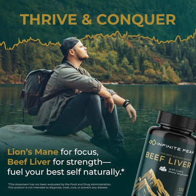 Grass Fed Beef Liver Capsules W/ Lions Mane For Energy, Focus & Memory Grassfed Beef Liver Supplement Supports Full Body Wellness Beef Organs Supplement For Men - Freeze Dried 30 Serving-120 Cnt