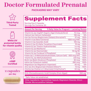 Pink Stork Total Prenatal Vitamins with DHA Folate Iron Choline and Vitamin B12 - Prenatals for Women to Support Fetal Development Pregnancy Must Haves - Mint Essence 60 Capsules 1 Month Supply