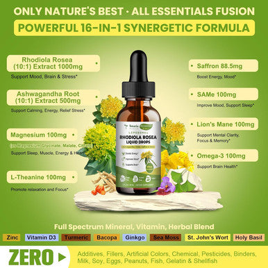 Totaria 16-In-1 Liposomal Rhodiola Rosea Tincture, Ultra Strength Rhodiola Supplement W/Ashwagandha, Saffron, Magnesium, Sam-E, Rhodiola Rosea Extract Liquid Drops For Natural Relaxation, Mood, Energy