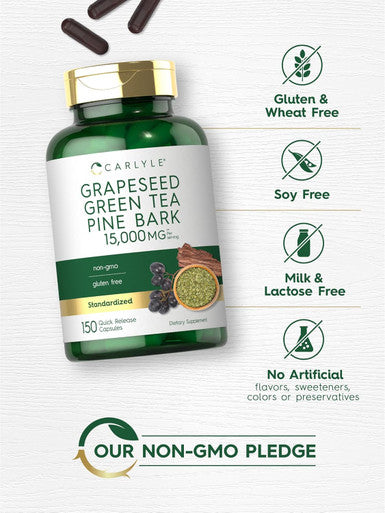 Carlyle Grapeseed Green Tea Pine Bark | 15000mg | 150 Capsules | Non-GMO and Gluten Supplement