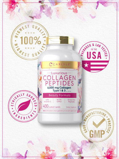 Carlyle Collagen Peptides 6000Mg | 400 Caplets | With Vitamin C | Type 1 And 3 | Non-Gmo, Gluten Free, Grass Fed Supplement
