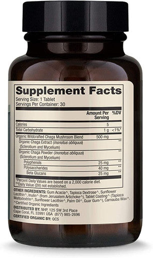 Dr. Mercola Organic Chaga Mushroom Dietary Supplement, 30 Servings (30 Tablets),Non GMO, Gluten , Soy , USDA Organic