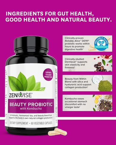 Zenwise Probiotics Beauty from Within Vegan Natural Collagen Support Hyaluronic Acid Fine Line and Wrinkle Repair Digestive Health for Women 60 Capsules
