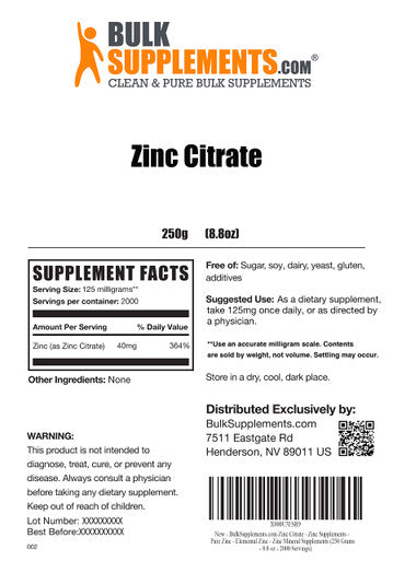 BulkSupplements Zinc Citrate Powder - Zinc Supplements - Pure Zinc - Elemental Zinc - Zinc Mineral Supplements - Zinc Supplement - Zinc Pure - Pure Zinc Supplements (250 Grams - 8.8 oz)