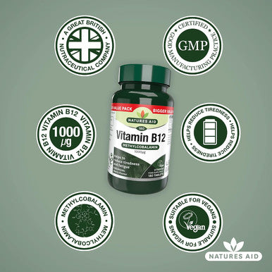 Natures Aid Vitamin B12 1000 g Supplement 180 Tablets | High Strength Methylcobalamin Supports Energy & Reduces Tiredness Vegan Vegetarian Gluten-Free