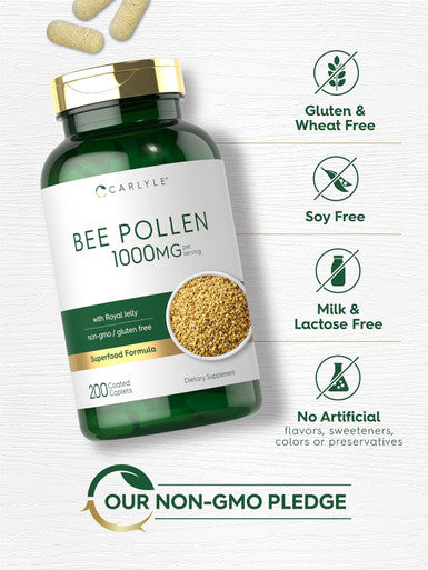 Carlyle Bee Pollen Supplement | 1000mg | 200 Caplets | with Royal Jelly and Bee Propolis | for Men and Women | Vegetarian Non-GMO Gluten