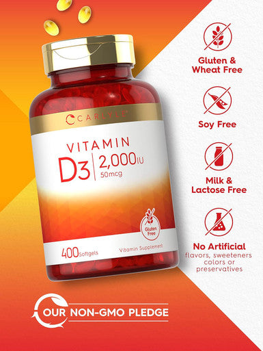 Carlyle Vitamin D3 2000IU Softgels | 400 Count | Non-GMO Gluten Formula | 50 mcg | Vitamin D Supplement