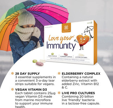 Healthspan Love Your Immunity Multivitamin | 28 Day Supply | Support Immune Health | Vegan Vitamin D3 | Elderberry Complex | Probiotic | Added Vitamin C & Zinc | Vegan