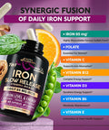 Iron Supplement For Women - Iron 65Mg (Ferrous Sulfate 325Mg) - Stomach Friendly Slow Release Iron High Absorption - Vitamins C, D3, B6, B12 & Folate - Iron Level & Energy Support - 60 Capsules
