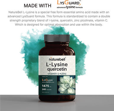 LLysine 1000mg Quercetin 250mg Supplement 240 Capsules Form 4in1 Lysine Complex Quercetin with Vitamin C and Zinc Immune Support Promote Lips Skin Health