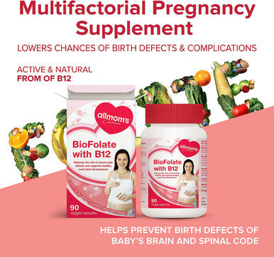 Vegan Folic Acid Pregnancy Supplement with Vitamin B12 - Contains 400mcg Folate or Folic Acid 90 Tablets - Allmom's Choice