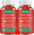 High Absorption Calcium Magnesium Zinc Gummies, Sugar Calcium Magnesium Zinc Supplement With D3 Bone & Teeth Strength Muscle & Nerve Function Vegan Raspberry Flavor 2 Pack