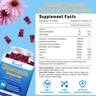 Quercetin Gummies For Kids, Adults Women Men, 1200 Mg Quercetin With Bromelain Elderberry Vitamin C Zinc Echinacea Immune Support Supplement, Mixed Berry Flavor 60 Cts