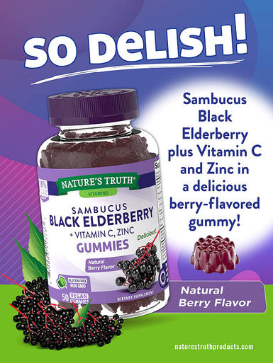 Sambucus Black Elderberry Gummies | 50 Count | with Vitamin C and Zinc | Natural Berry Flavor | Vegan, Non-GMO, Gluten | Extract Gummies for Adults | by Nature's Truth
