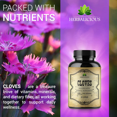 HERBALICIOUS Cloves Capsules - Natural Dietary Supplement - Rich In Vitamins, Minerals, Manganese, Fiber - May Help Strengthen Bones, Promote Digestive Function, Antioxidant Support - 100 Caps
