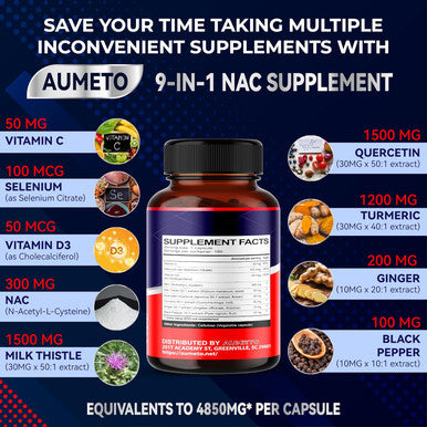 Aumeto Nac Supplement N-Acetyl-L-Cysteine - Enhanced with Milk Thistle + Quercetin for Optimal Immunity Respiratory Liver Wellness (180 Count (Pack of 1))