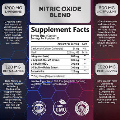Extra Strength Nitric Oxide Supplement L Arginine 3X Strength - Citrulline Malate, AAKG, Beta Alanine - Premium Pre Workout Booster for Muscle Strength & Energy to Train Harder - 240 Veggie Capsules