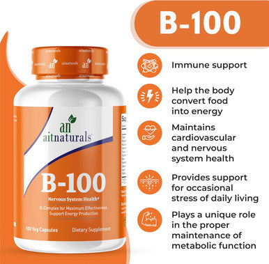 Aitnaturals Vitamin B-100 (100 Capsules) | Enriched B complex (B1 B2 B3 B5 B6 B7 B9 & B12) for Energy Production Mood & vitality Immune support Healthy Hair Skin Nails & Cognitive function
