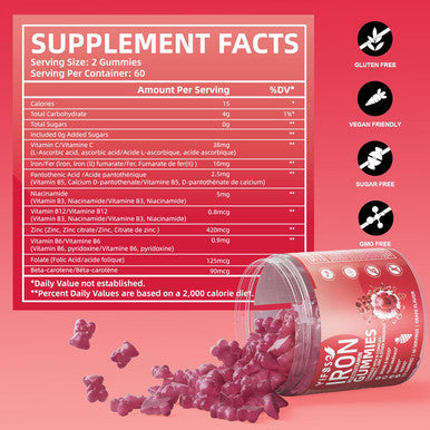 Iron Gummies Sugar Free, 120 Gummies Iron Supplement For Women Multivitamin With Iron, Vitamins & Zinc For Women, Men & Kids- Grape Flavor, Vegan Supplement, Folate For Energy- No After Taste