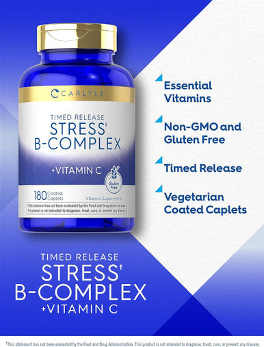 Carlyle Stress B-Complex Vitamin Supplement | 180 Caplets | with Vitamin C | Non-GMO and Gluten | by