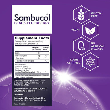 Sambucol Black Elderberry Syrup - Sambucus Elderberry Syrup, Black Elderberry Liquid, Immune Support, Elderberry Syrup For Kids And Adults, High Antioxidants, Gluten - Original Formula, 4 Fl Oz