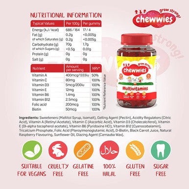 Chewwies Multivitamin - Chewable Vegan Gummies- Gelatin Free, Sugar Free, Halal & Gluten Free, Non-GMO - for Adults and Children Packed with Essential Vitamins and micronutrients (30 Day Supply)