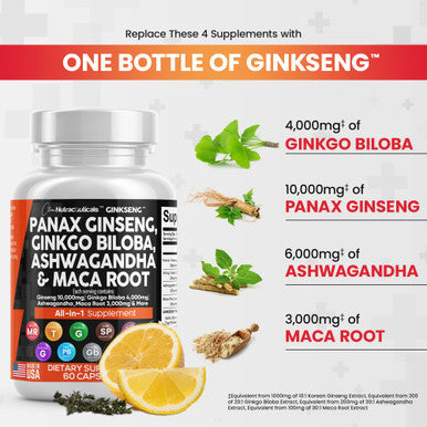 Panax Ginseng 10000mg Ginkgo Biloba 4000mg Ashwagan Maca Root 3000mg - Focus Pills & Brain Supplement for Women and Men with Pine Bark Extract, Garlic, and Saw Palmetto - 60 Caps