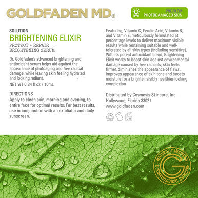 Goldfaden MD Brightening Elixir Serum w/ Vitamin C Ferulic Acid Vitamin B Vitamin E Helps Aid Against Appearance of Photoaging Leaves Skin Feeling Hydrated Looking Radiant TRIAL .34 Fl Oz