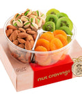 NUT CRAVINGS - Purim Mishloach Manot Dried Fruit & Mixed Nuts Gift Basket in Reusable Wooden Tray + Ribbon (12 Assortments) Ramadan Gifts Food Arrangement, Healthy Snack Care Package, Kosher