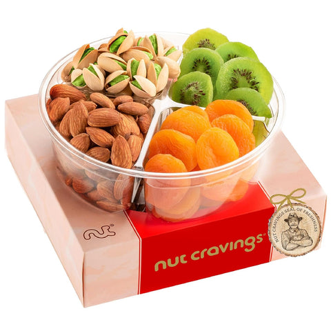 NUT CRAVINGS - Purim Mishloach Manot Dried Fruit & Mixed Nuts Gift Basket in Reusable Wooden Tray + Ribbon (12 Assortments) Ramadan Gifts Food Arrangement, Healthy Snack Care Package, Kosher