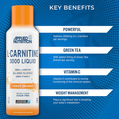 Applied Nutrition L Carnitine Liquid 3000 with Green Tea and Vitamin C 3000mg L-Carnitine Per Serving Natural Flavouring Boosts Energy and Weight Management Vegan Friendly 480ml (Tangy Orange)