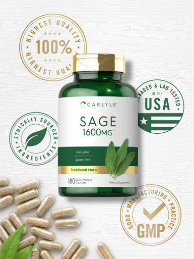 Sage Supplement 1600Mg | 180 Capsules | High Potency | Non-Gmo, Gluten Free | By Carlyle
