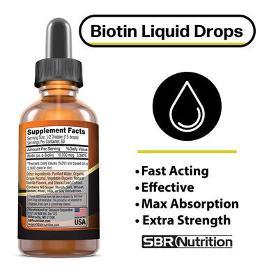 MAX Absorption Biotin Liquid Drops 10000mcg of Biotin Per Serving 60 Serving No Artificial Preservatives, Vegan Friendly Supports Healthy Hair Growth Strong Nails and Glowing Skin Made in USA 30 Ml