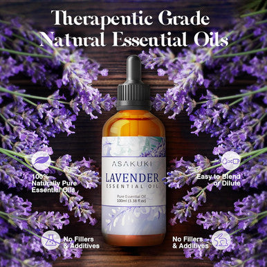 Asakuki Lavender Essential Oil 100Ml, Natural Therapeutic Grade, Aromatherapy Oil Lavender For Better Sleep, Health Care, Relaxation, Ideal For Humidifier, Diffuser & Wellness